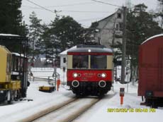 Der Elektrotriebwagen bei der Einfahrt im Bahnhof Oberweißbach.