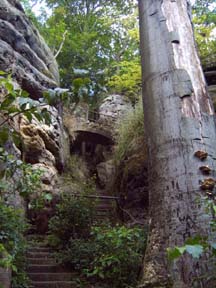 Eine romantische Stiege in einer kleinen Schlucht mit einer Steinbrücke.